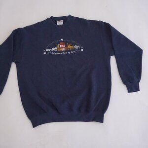Vintage B Wear Navy Noahs Ark Animal Embroidered Graphic Cabincore Sweatshirt L